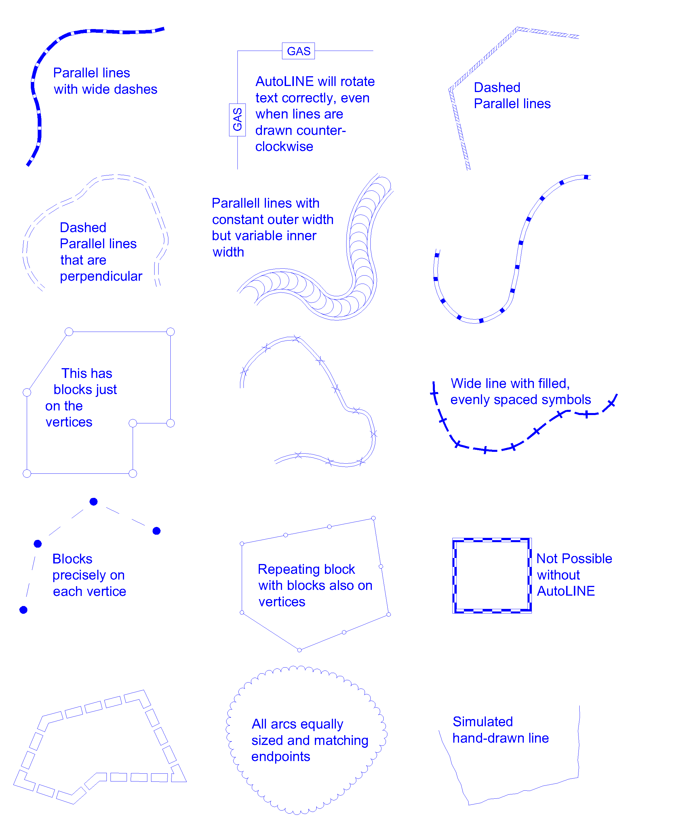 Sample AutoLINE linetypes showing miters, blocks, zigzags, and hatch fills